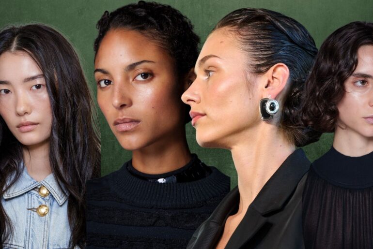 four women with glowing skin on a green background