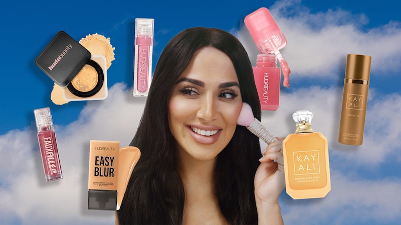 A collage of founder Huda Kattan alongside Huda Beauty products