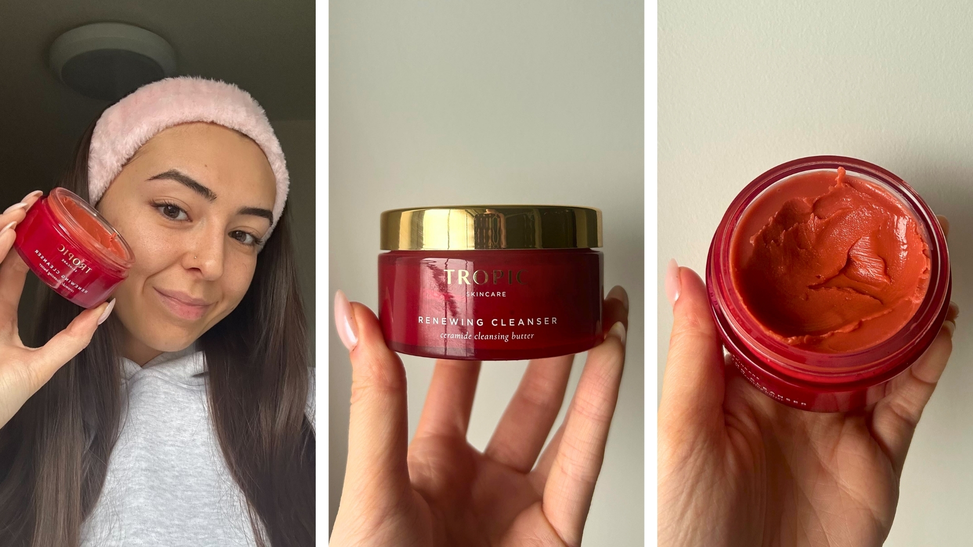 On the left, Sennen Prickett holding the Tropic Renewing Cleansing Balm, a photo of a hand holding the Tropic Renewing Cleansing Balm in the middle and a photo inside the Tropic Renewing Cleansing Balm