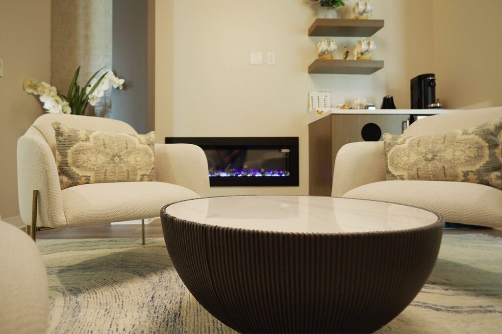 Patient lounge in St. Johns County's New Beauty Company med spa, where New Beauty Company Aesthetics Academy is located.