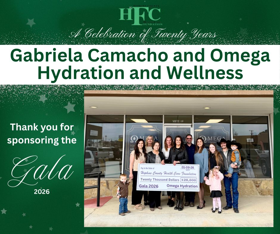 Gabriela Camacho of Omega Hydration and Wellness has generously sponsored the upcoming Gala to be held on January 24. The event will celebrate 20 vibrant years of donors, sponsors, and volunteers who have helped complete 35 major projects and raise 3.3 million dollars for local healthcare initiatives.