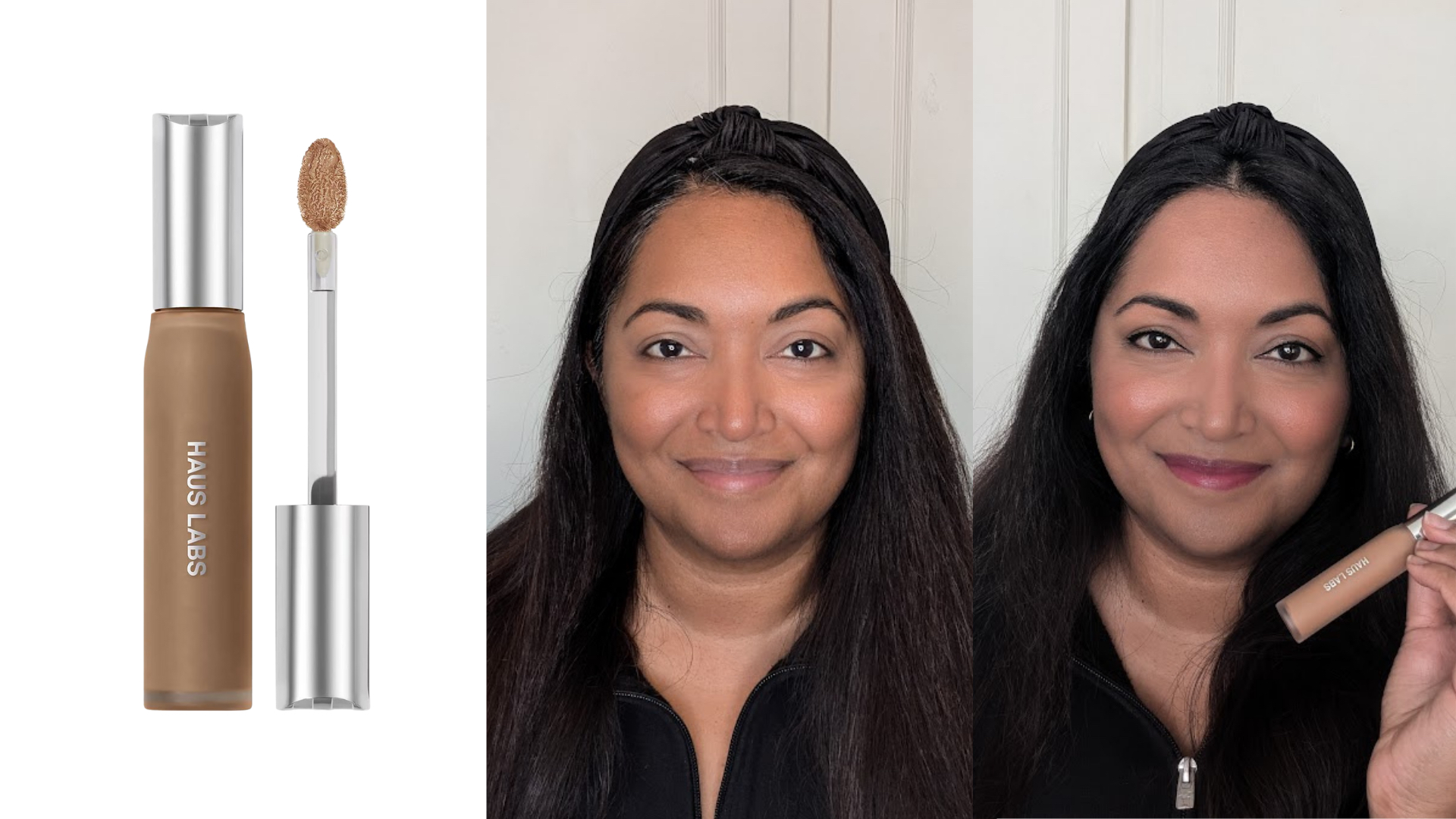 Collage of three images showing the Haus Labs Triclone Concealer (left) Ayesha with no makeup (centre) and a full-face of makeup while holding the concealer (right)