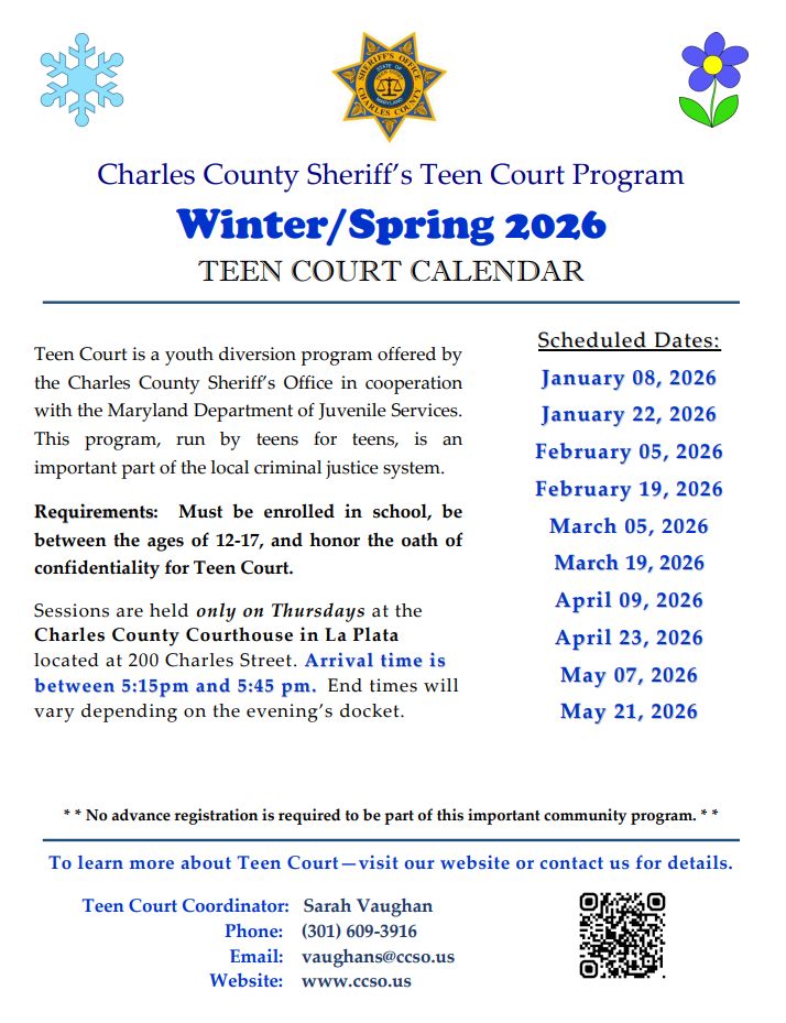 Charles county sheriff's teen court program winter/spring 2026 teen court calendar