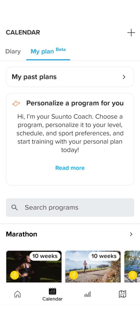Screenshot of a mobile app interface displaying a calendar feature. The section titled 'My plan' includes a message from a virtual coach, inviting users to personalize a training program based on their level and preferences.