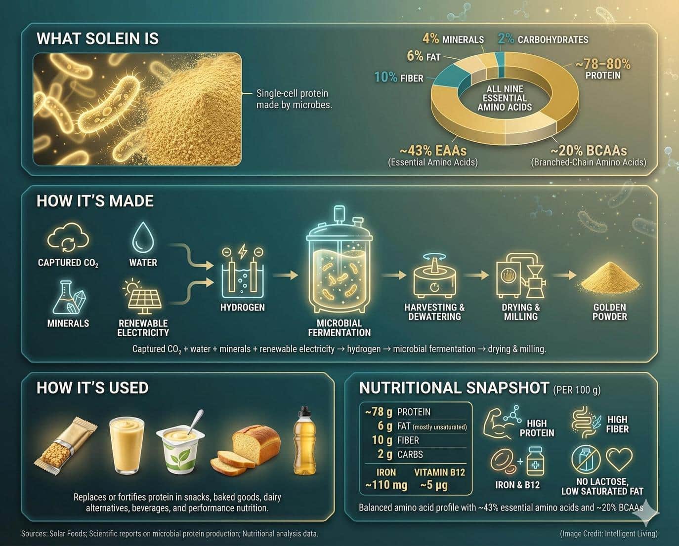 Solein is a single-cell protein made by feeding microscopic organisms with carbon dioxide, hydrogen, and renewable electricity.