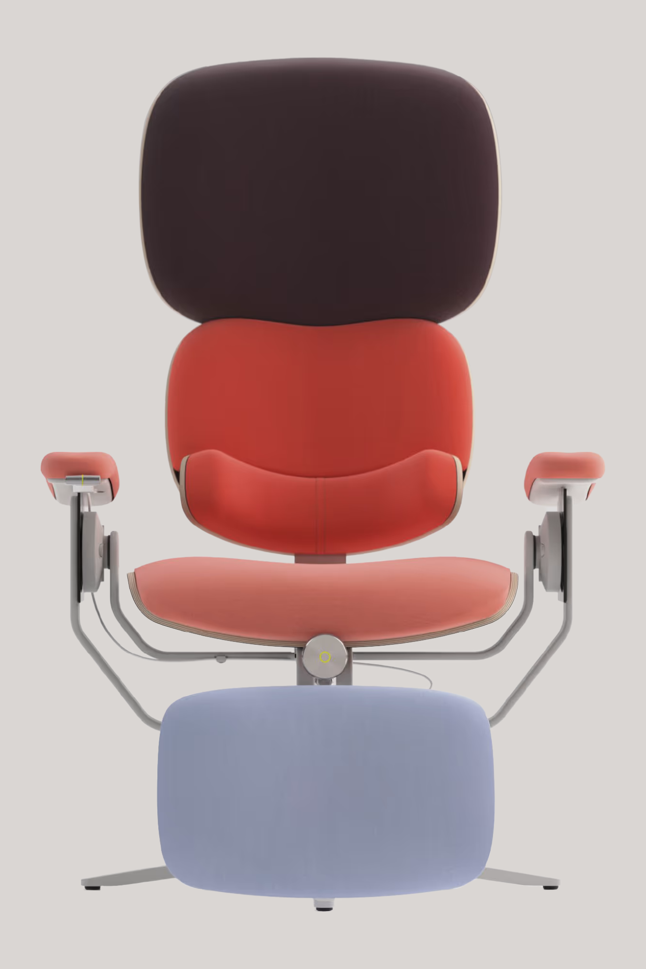 A wellness chair with a colorful body featuring brown, pink, peach, and lilac furnishing with off-white hardware