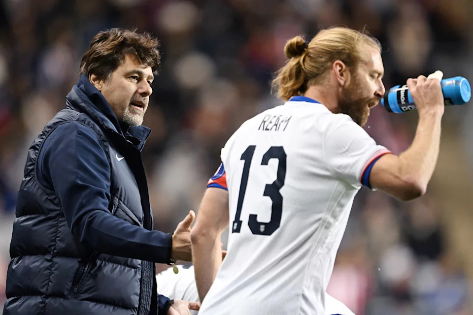 CHESTER, PENNSYLVANIA - NOVEMBER 15: Mauricio Pochettino, head coach of United States, gives instructions to Tim Ream #13 during an international friendly match between United States and Paraguay at Subaru Park on November 15, 2025 in Chester, Pennsylvania.  (Photo by Mark Smith/ISI Photos/USSF/Getty Images)