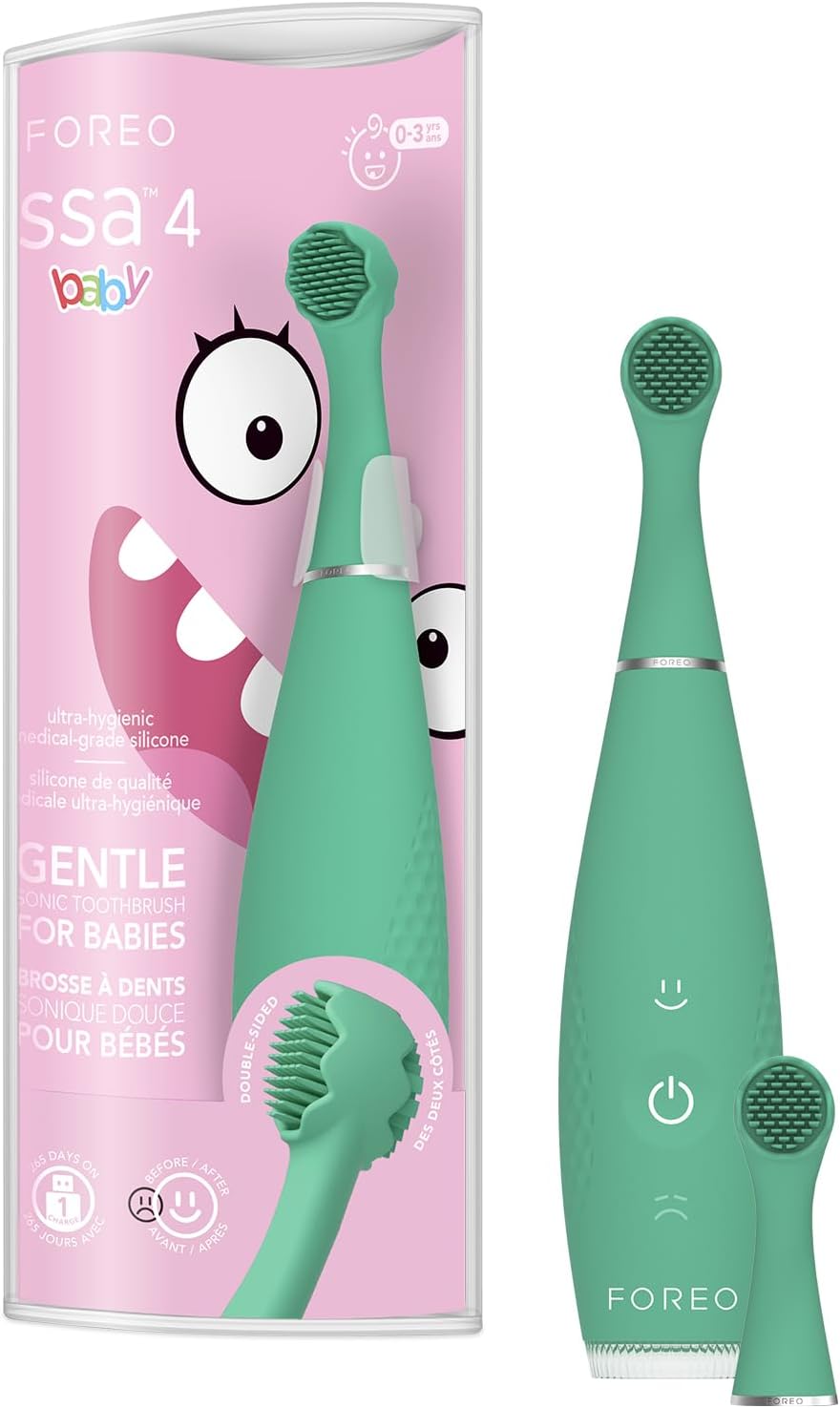 Foreo Issa 4 Baby – Silicone Sonic Electric Toothbrush Bundle for Babies, 2-Sided Bristles, Fun Smile Feature, Gum Massage, 12 Months of Care With Extra Electric Toothbrush Head, Kiwi Green
