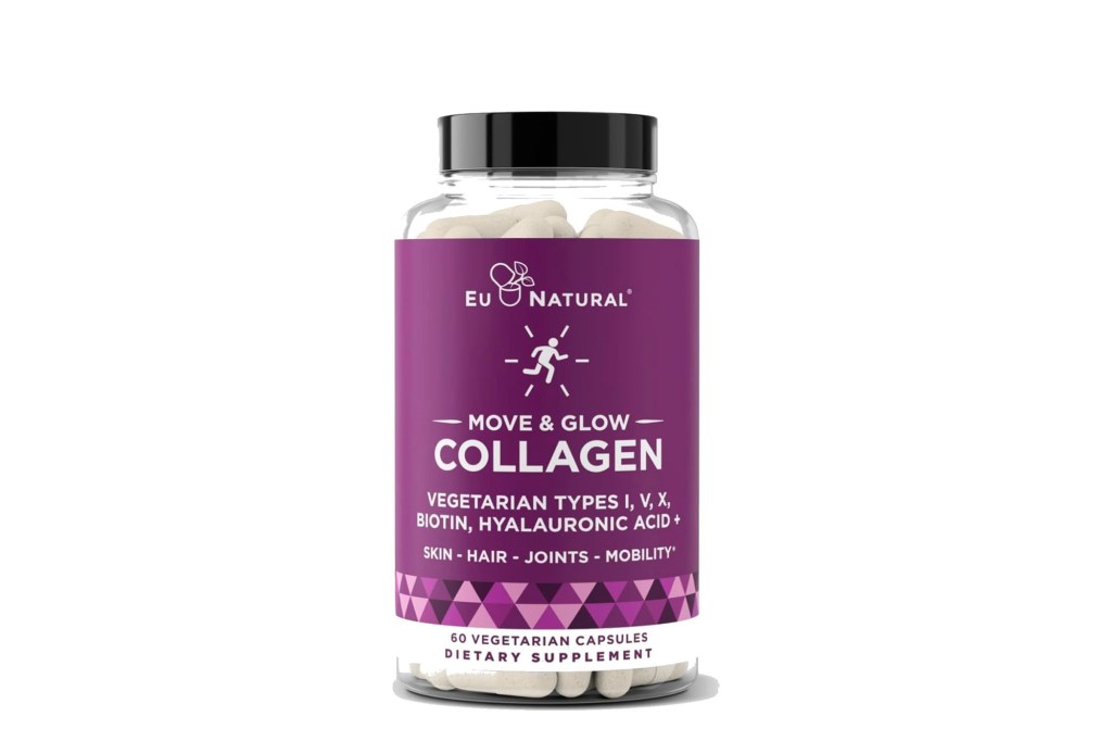 A bottle of Eu Natural Move & Glow Collagen dietary supplement.