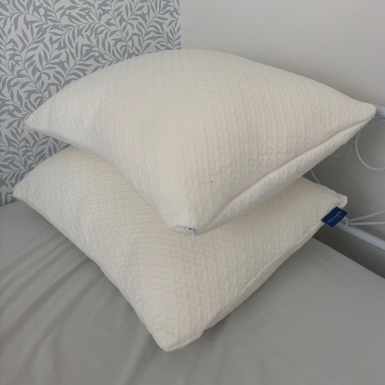 Image of two pillows sitting on a bed.