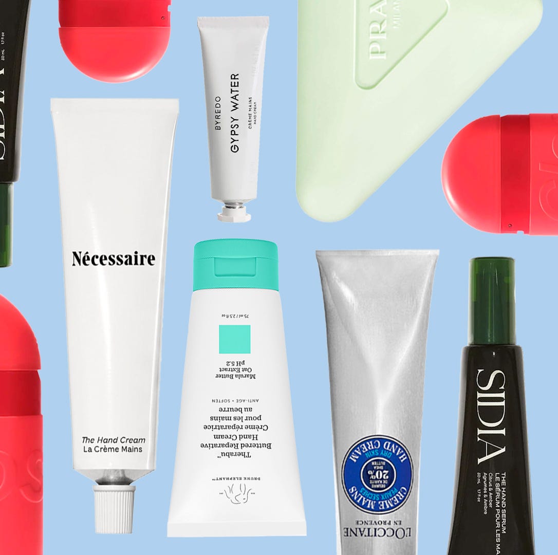 a collection of various hand creams and skincare products displayed against a light blue background