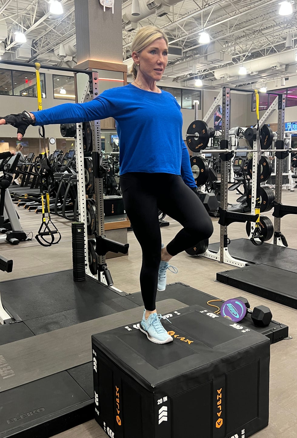 Person performing an exercise on a box at a gym dena crews aloian workout