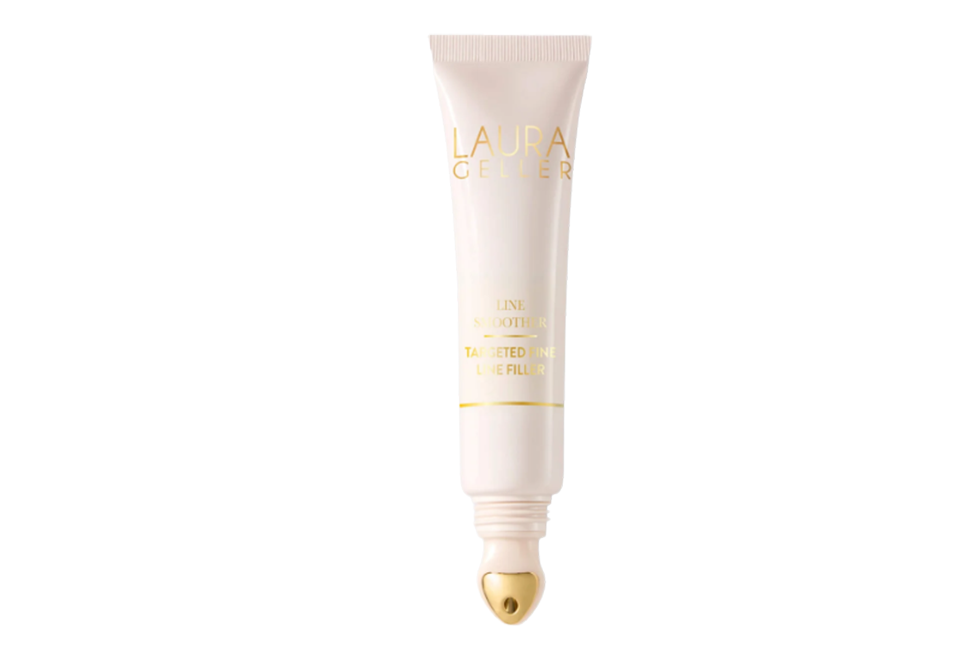Laura Geller Line Smoother Targeted Fine Line Filler in a white tube with a gold rollerball applicator.