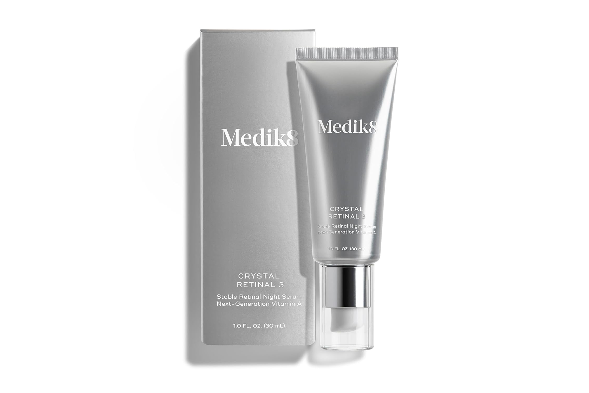 Medik8 Crystal Retinal 3 Stable Retinal Night Serum, Next-Generation Vitamin A, 1.0 FL. OZ. (30 mL) tube and box.