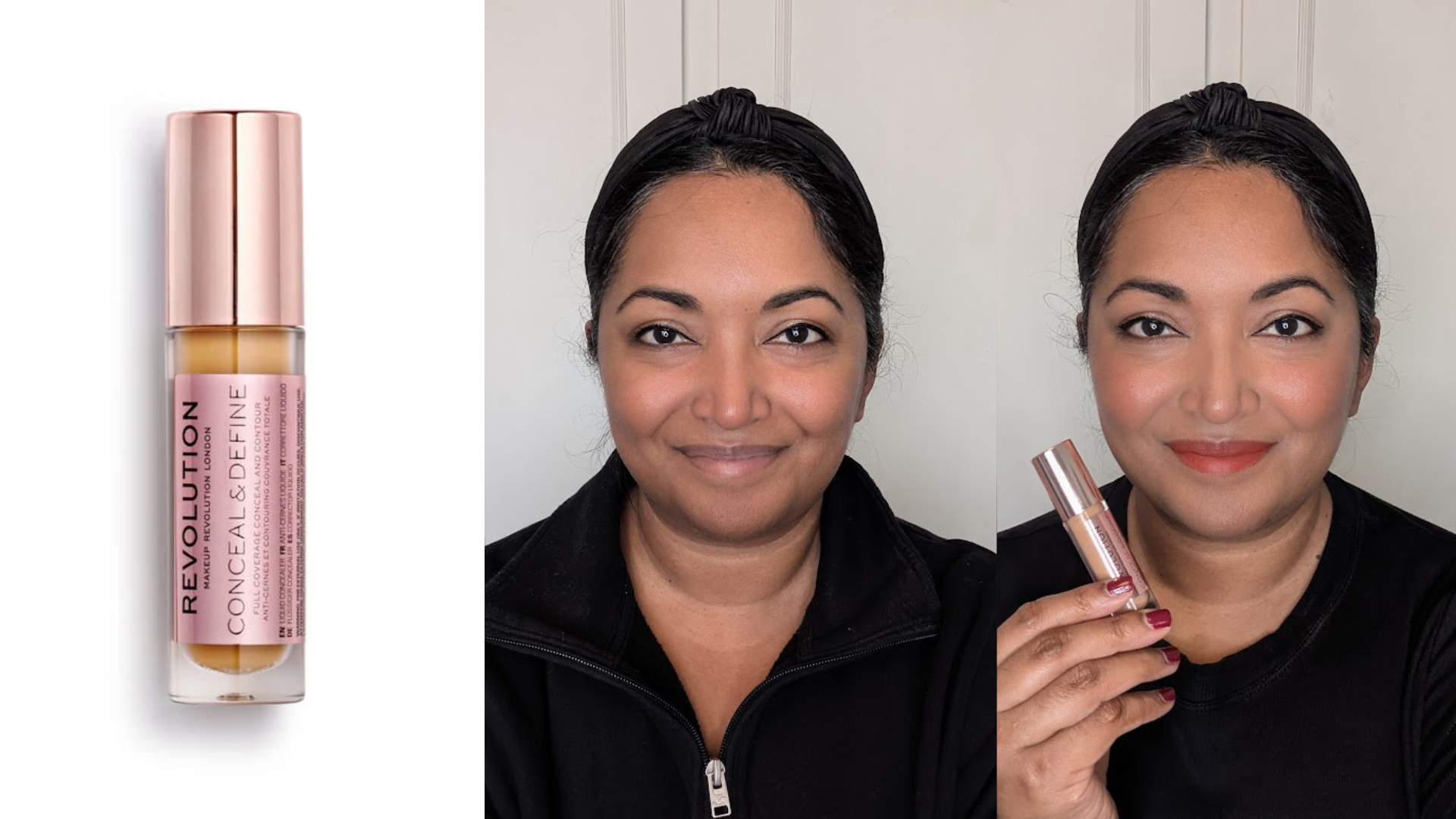 Collage of three images showing the Revolution Beauty Full Coverage Concealer (left) Ayesha with no makeup (centre) and a full-face of makeup while holding the concealer (right)