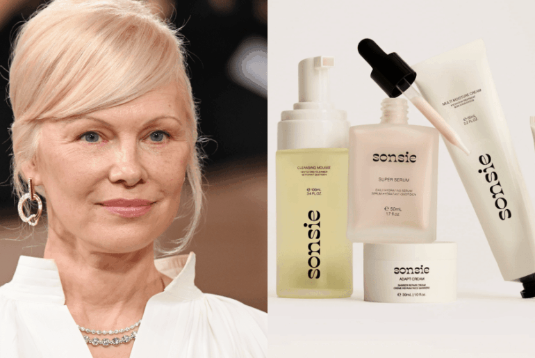 pamela anderson at the 2026 golden globes; product bundle from anderson's skin care brand sonsie