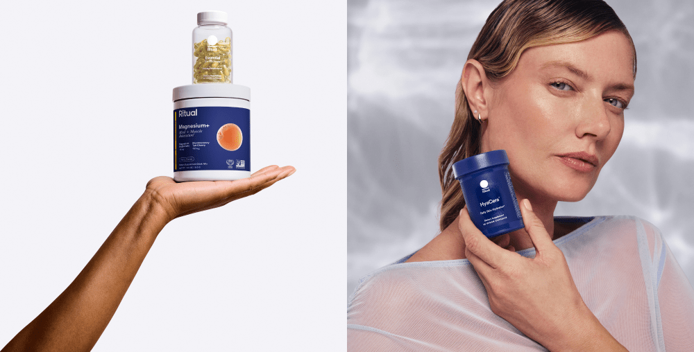 hand holding up ritual's magnesium supplement, with another one on top; female model holding up an anti-aging supplement to her face