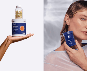 hand holding up ritual's magnesium supplement, with another one on top; female model holding up an anti-aging supplement to her face