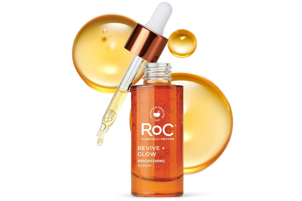 RoC Revive + Glow Brightening Serum bottle and dropper with golden liquid accents.