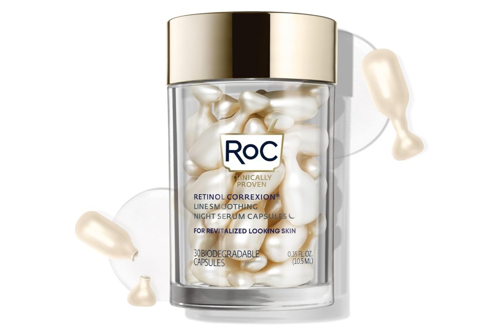 RoC Retinol Correxion Line Smoothing Night Serum Capsules in a clear jar with a gold cap.