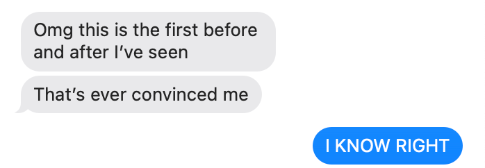 text conversation expressing surprise about a before and after comparison