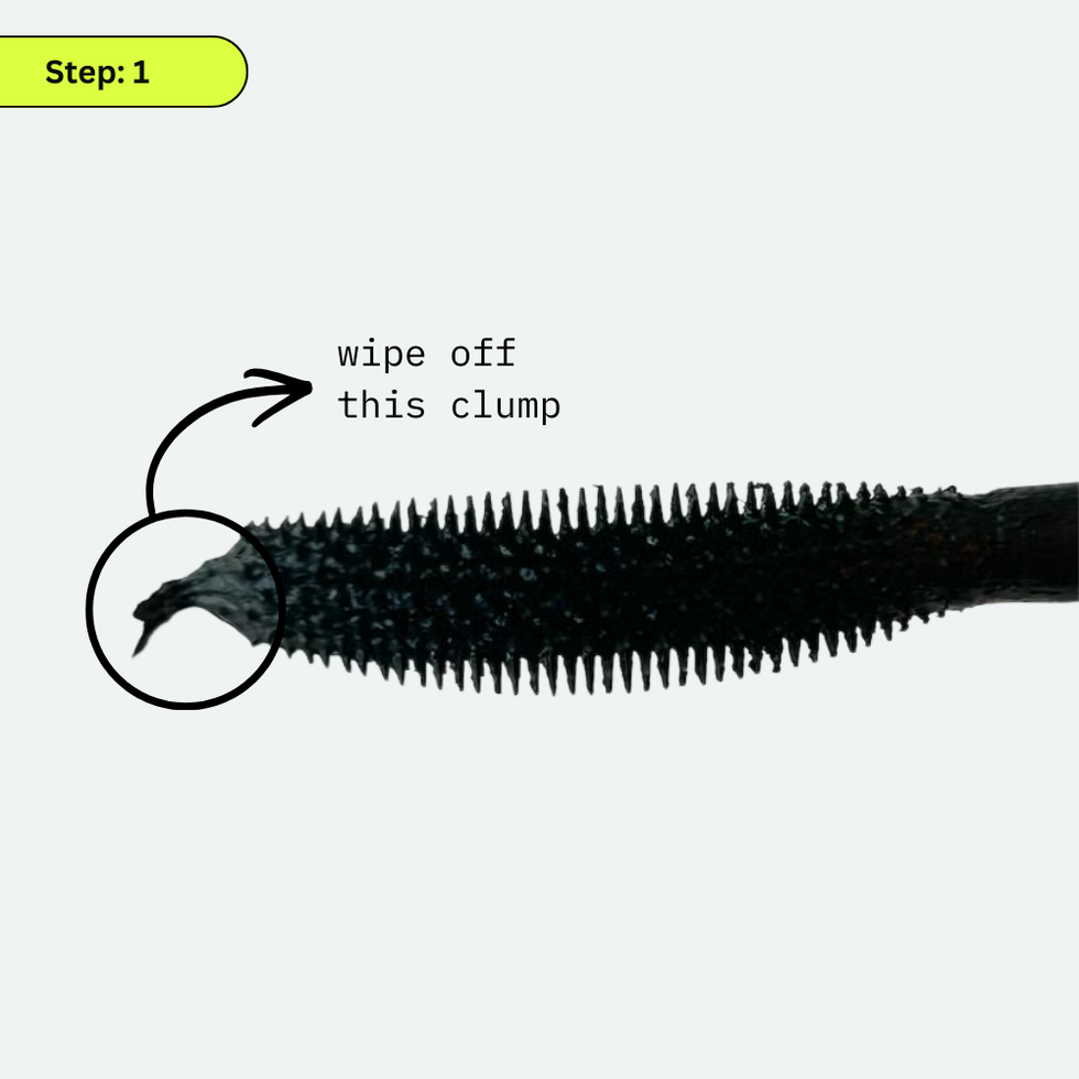 instruction for applying mascara with a focus on excess product removal