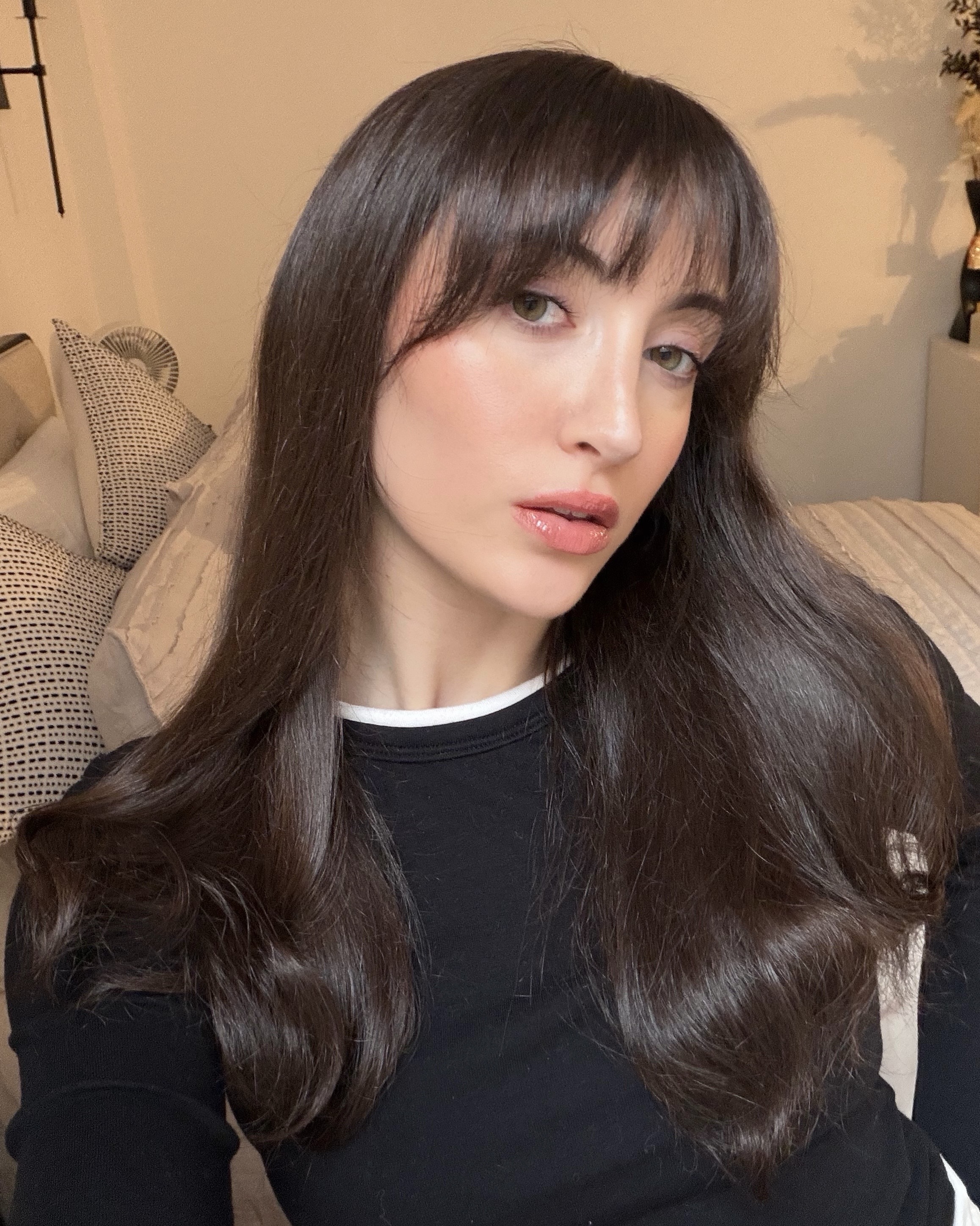 WWW associate beauty editor Alyssa Brascia after washing her hair with the Briogeo Scalp Revival Dandruff Relief Shampoo and Conditioner.