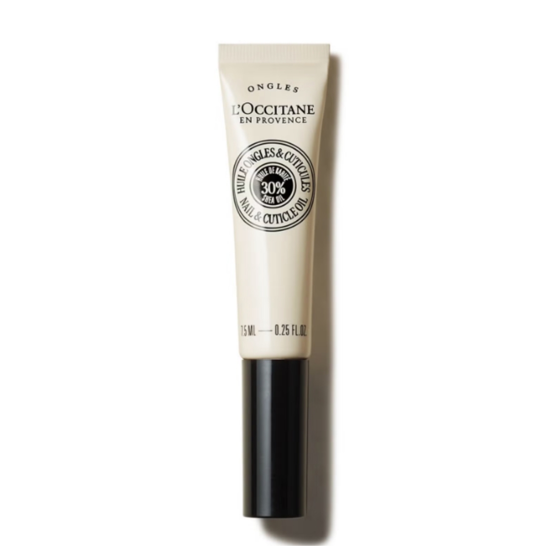 A product shot of the L'Occitane Shea (Karité) Nail & Cuticle Oil, on white background