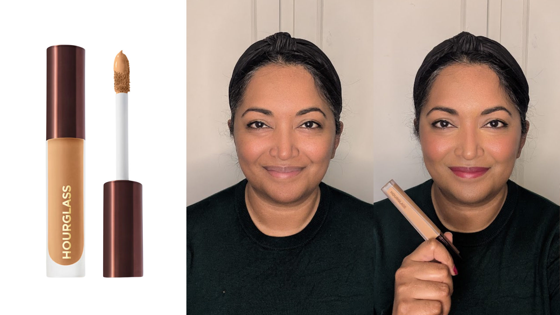 Collage of three images showing the Hourglass Vanish Airbrush Concealer (left) Ayesha with no makeup (centre) and a full-face of makeup while holding the concealer (right)