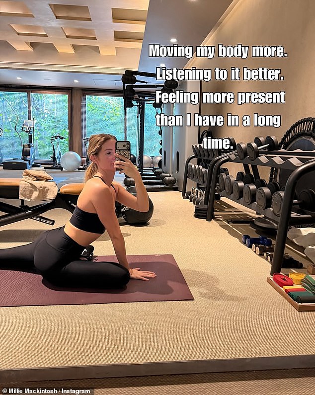 During the retreat, she also showcased her toned physique in a black workout set while posing on a gym mat