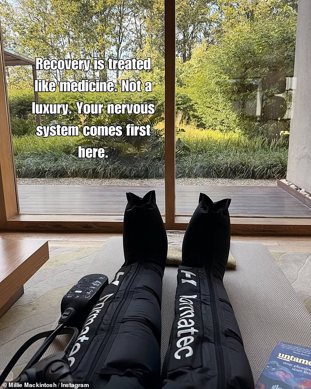 In one snap, Millie could be seen wearing a Hyperice Normatec leg compression device  designed to enhance recovery and boost performance through massage