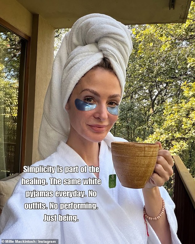 The TV personality appeared in great spirits in another stunning shot as she relaxed in a white robe, sporting silver eye patches while sipping tea