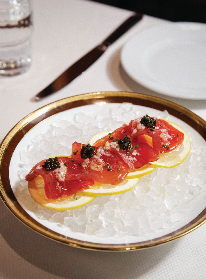 An indulgent bite at Chez Fifiâbluefin tuna crowned with luxurious Osetra caviar. PHOTO BY CONNOR COWDEN