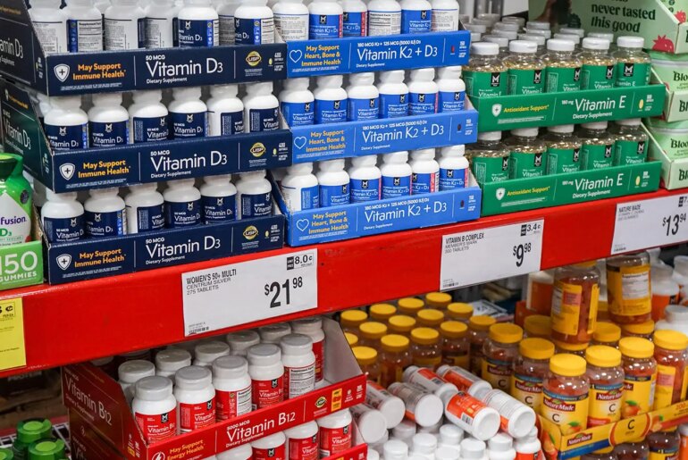 A photo of shelves of supplements at a Sam’s Club supermarket.