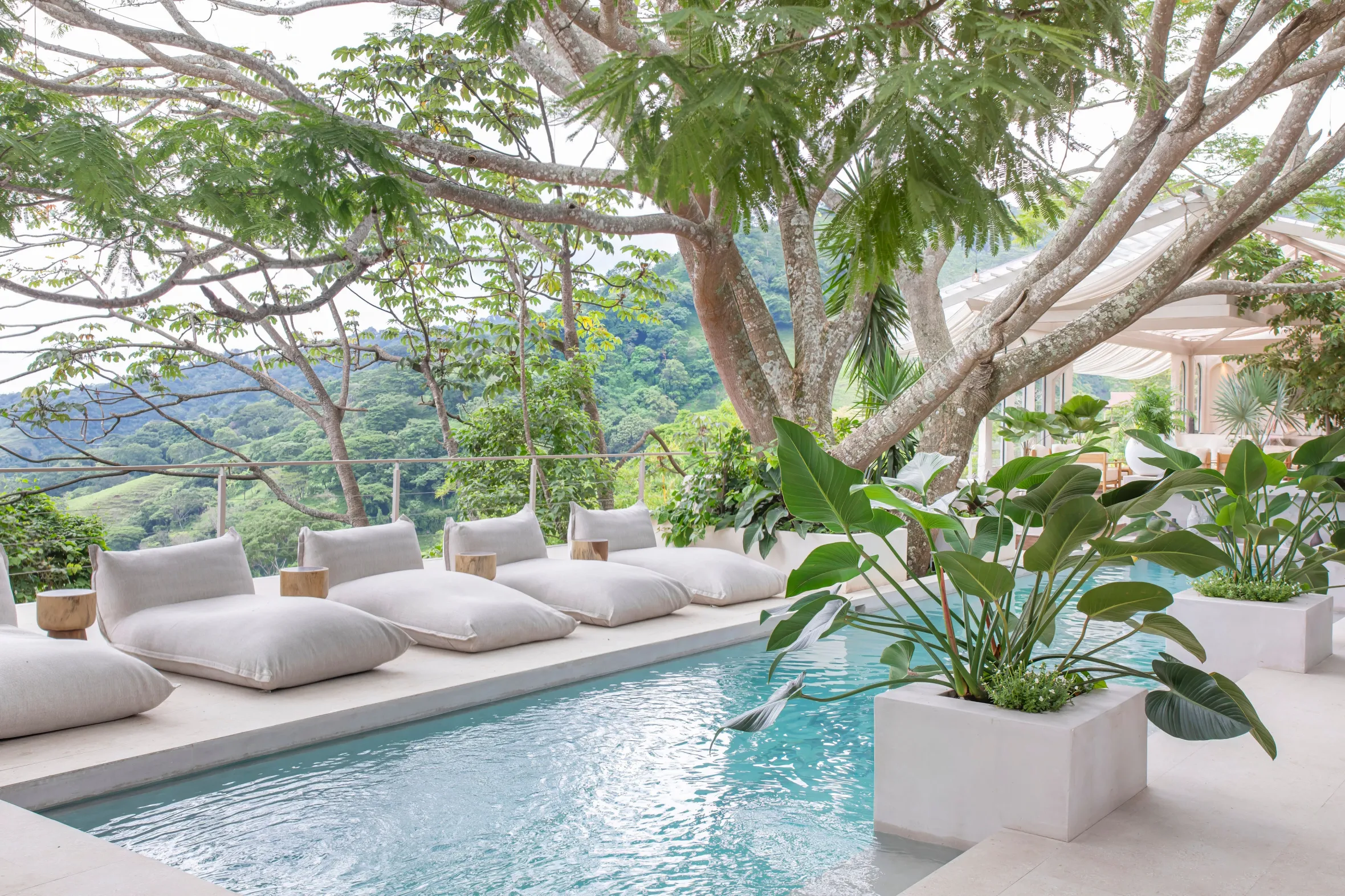 The Retreat Costa Rica, featuring an infinity pool with lounge chairs, tropical plants, and a view of forested hills.