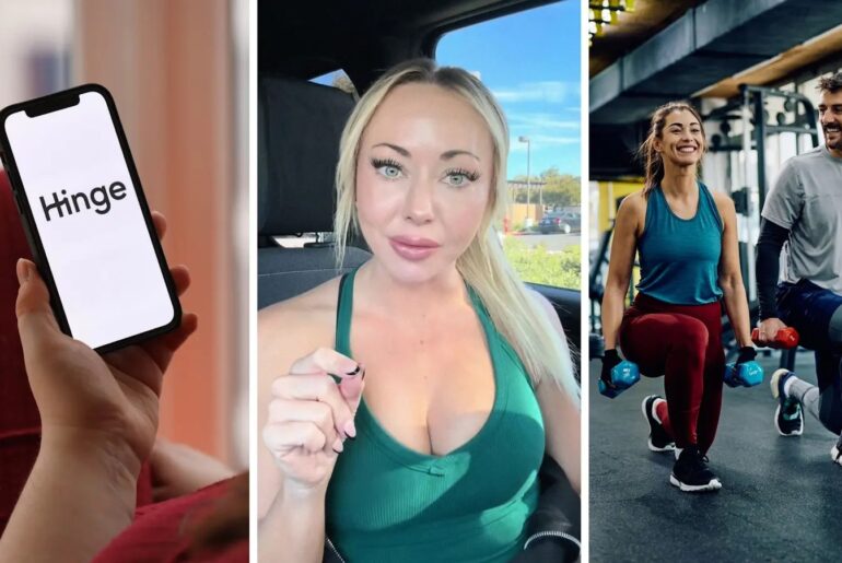 hinge app (l) woman shares dating experience (c) woman and man on a gym date (r)