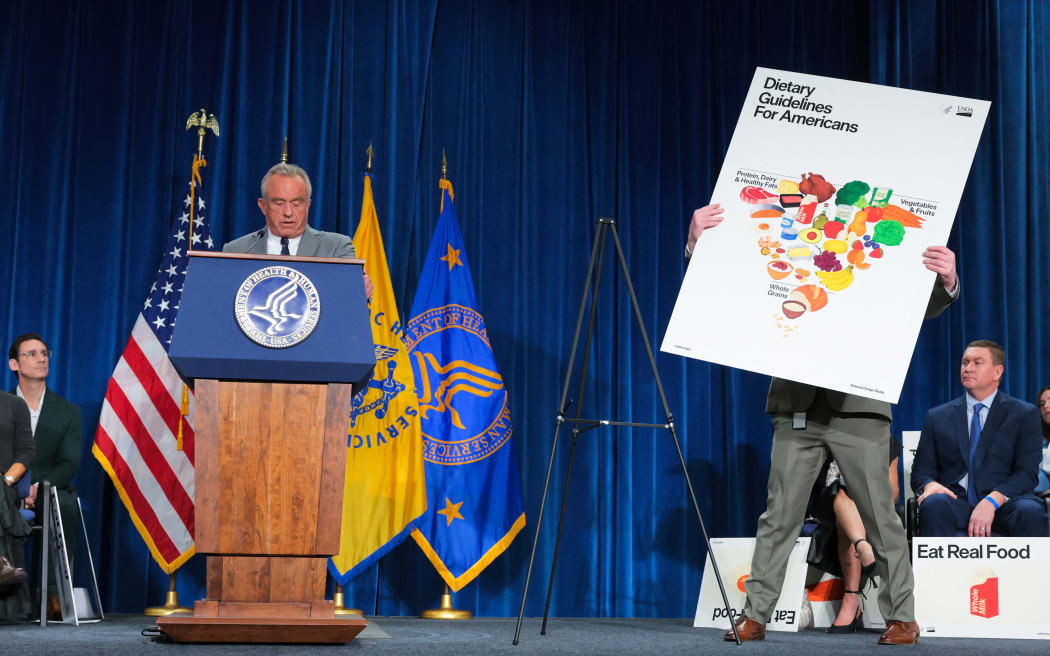 WASHINGTON, DC - JANUARY 08: U.S. Secretary of Health and Human Services Robert F. Kennedy Jr. unveils the department's new dietary guidelines food chart during a policy announcement event at the U.S. Department of Health and Human Services on January 8, 2026 in Washington, DC. The Trump administration announced new dietary guidelines on Wednesday including an emphasis on proteins and full-fat dairy, and limits on processed foods.   Anna Moneymaker/Getty Images/AFP (Photo by Anna Moneymaker / GETTY IMAGES NORTH AMERICA / Getty Images via AFP)