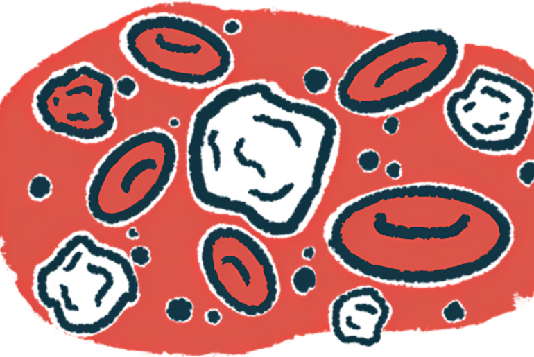 Illustration of immune cells and red blood cells circulating in the bloodstream.