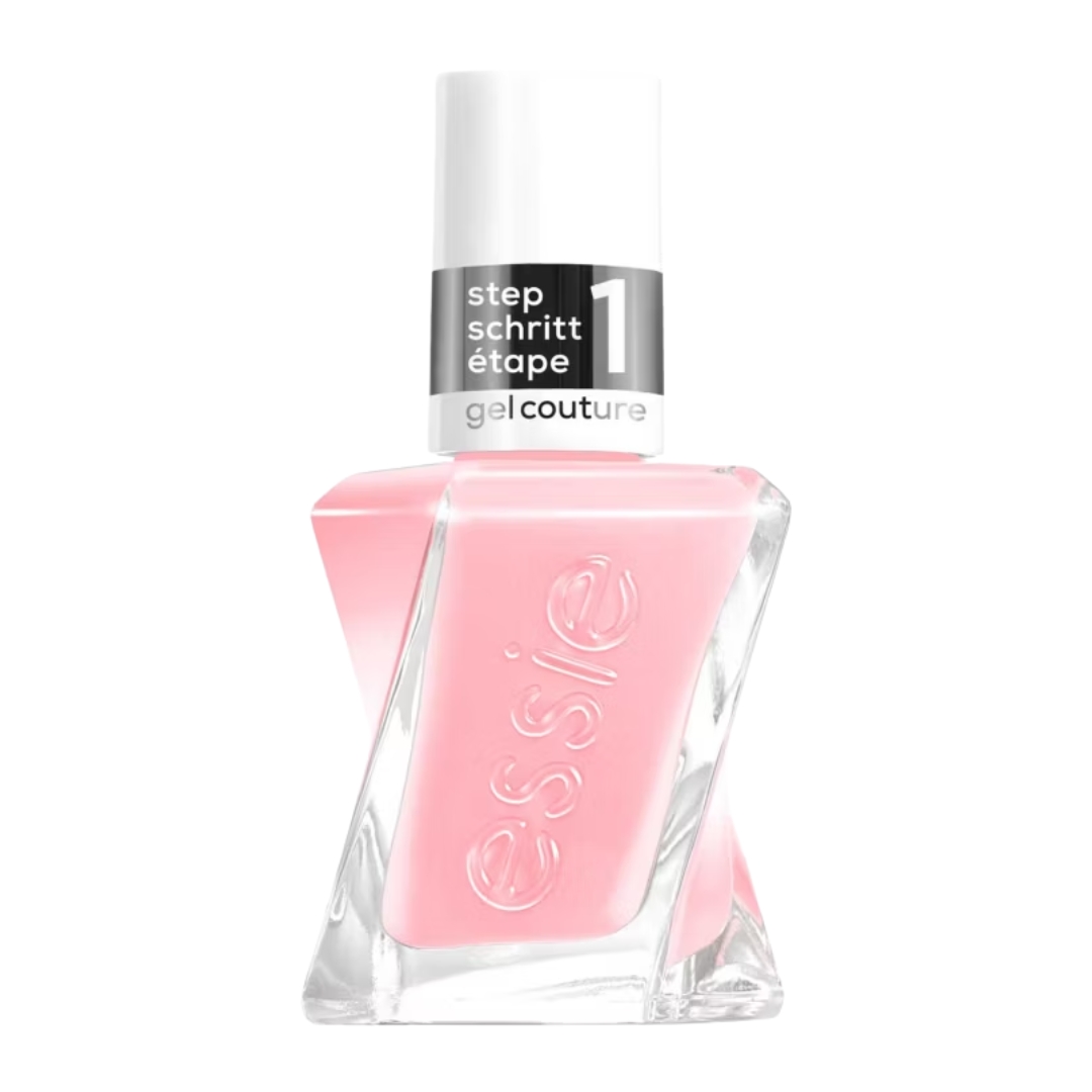 A product shot of the essie Gel Couture nail polish in Gossamer Garment (a sheer, cherry-pink colour), on a white background