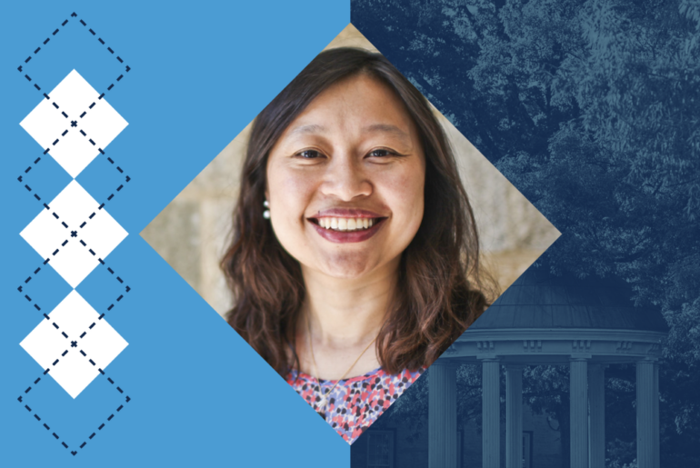 Portrait of Celia Shiau in front of a two-part background. The left is Carolina Blue with an argyle pattern. The right is a stylized photo of the Old Well on Carolina