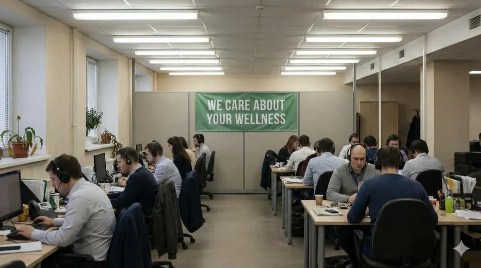 Corporate office with wellness banner visible above employees working at desks