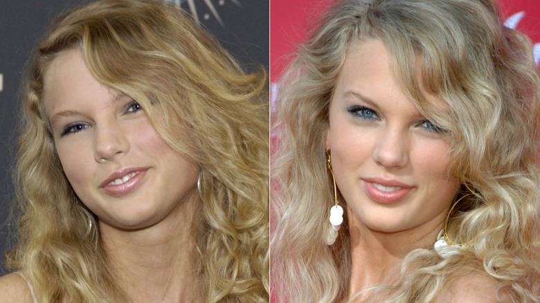 Taylor Swift wearing minimal makeup during two red carpet appearances in 2006, side by side photos