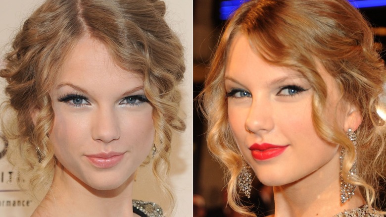 Taylor Swift wearing dramatic eyelashes with icy eyeshadow and a nude lip, and wearing a bright red lip and cat-eye in 2009, side by side photos