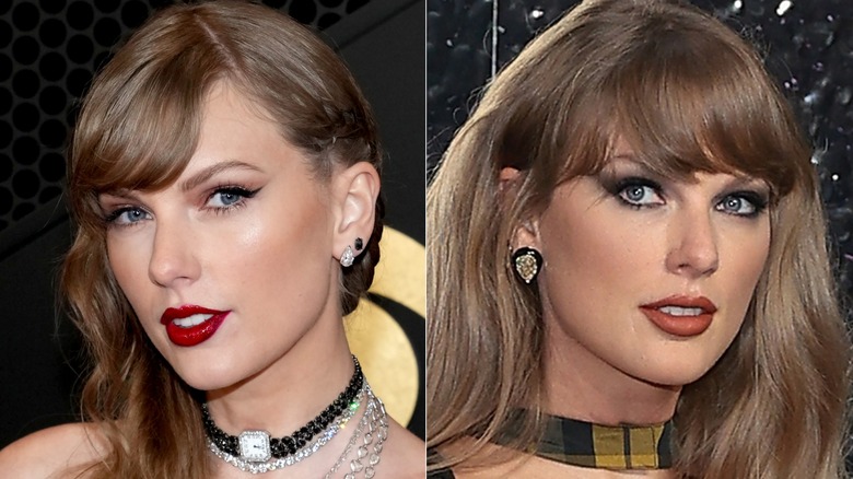 Taylor Swift wearing dark lipstick and cat-eye makeup, then lighter red lipstick and darker eyeshadow on the red carpet in 2024, side by side photos