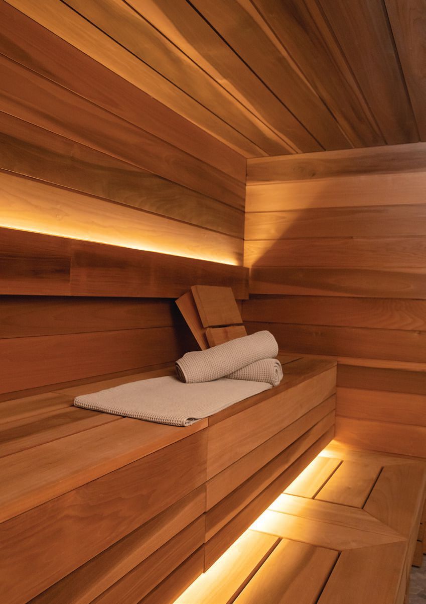 A peaceful saunaâs wooden walls add to the enveloping experience Photographed by CARRIE EVANS