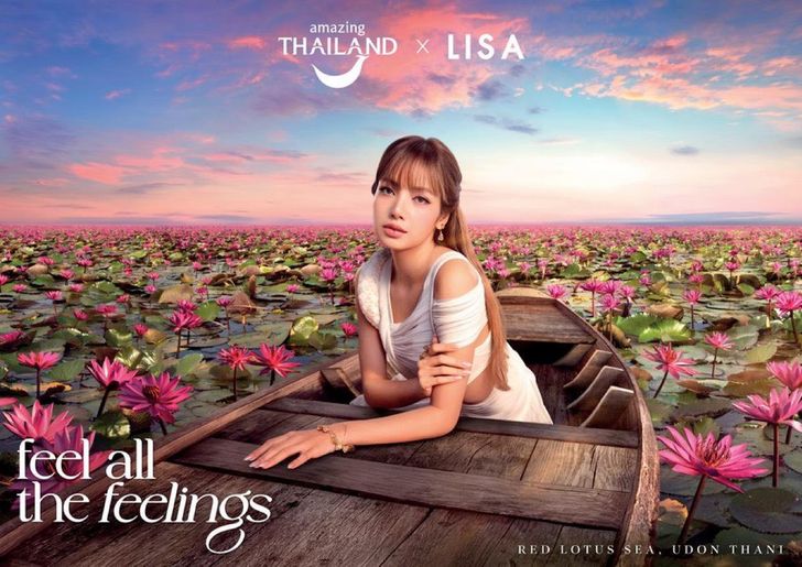 A Thai tourism promotional image featuring K-pop star Lisa at Red Lotus Sea in Udon Thani, Thailand. Courtesy of Tourism Authority of Thailand 