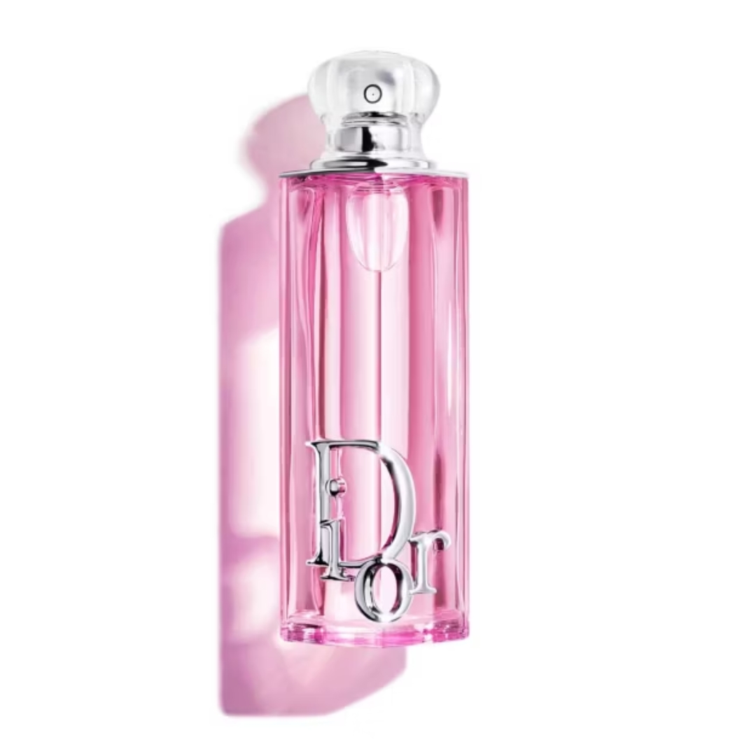 A product shot of the pink Dior Addict Rosy Glow perfume, on a white background