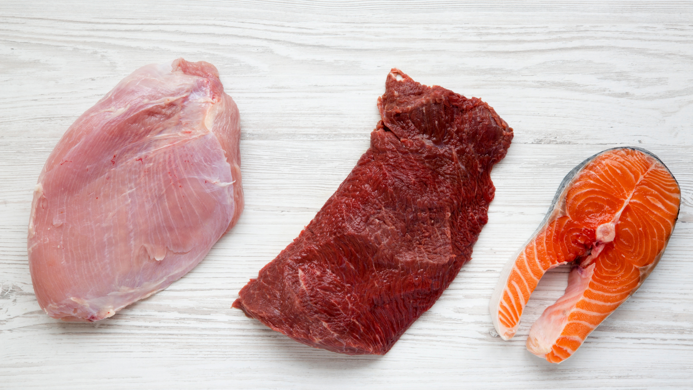 a photo of raw chicken breast, a steak, and salmon