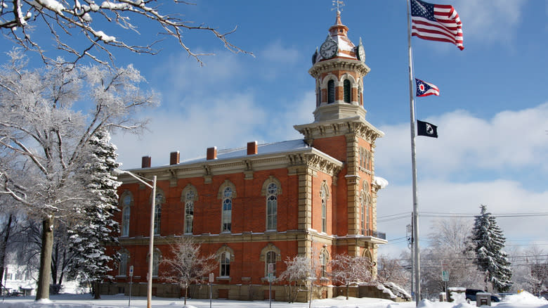 The county courthouse in Chardon, Ohio, covered in snow
