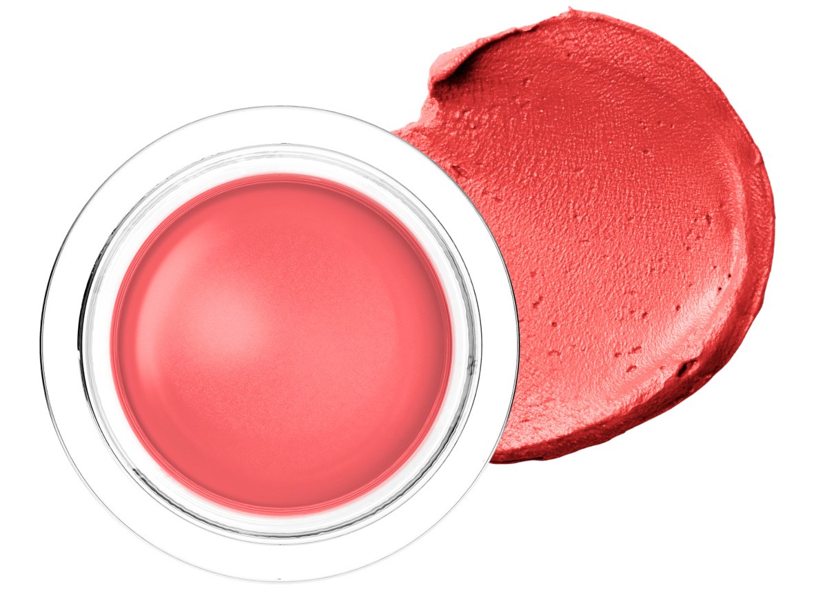 Coral pink cream eyeshadow in a pot with a swatch of product next to it.